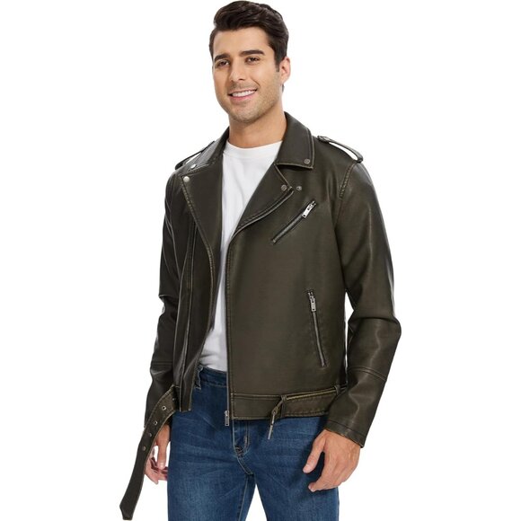 Men Black Faux Leather Biker Jacket Slim Fit Motorcycle Bomber Zip Up Coat - Picture 2 of 5